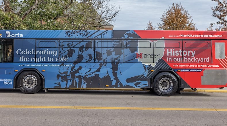 Miami University’s acclaimed role in America’s Civil Rights movement is now being showcased on wheels thanks to a newly decorated Butler County bus unveiled by school officials. Miami and Butler County transportation officials recently gathered to spotlight the uniquely decorated bus celebrating the university’s part in the freedom movement that transformed America for African Americans in the 1960s and beyond. (Provided)