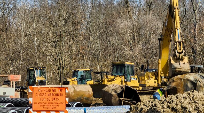 Roundabout construction work has started on the Five Points intersection on the border of Hamilton and Fairfield Twp., and is a crossroads where Hancock Avenue, Grand Boulevard, Tylersville Road, Hamilton-Mason Road and Tuley Road meet. NICK GRAHAM/STAFF