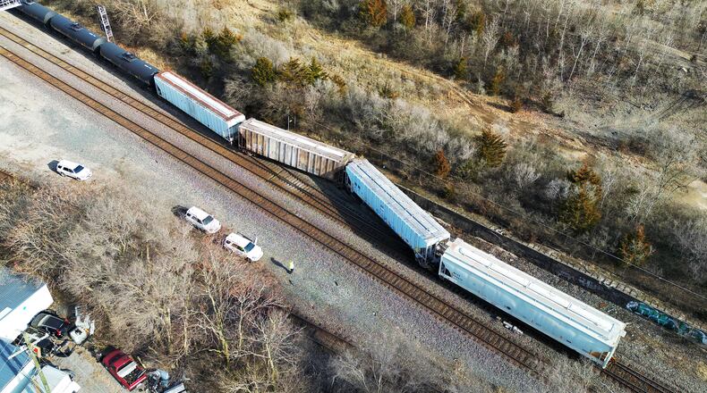 A train derailment happened on Riverside Drive in St. Clair Twp. on Monday afternoon. The derailment involved multiple box cars that went off the track about 12:30 p.m. There were no reports of injuries, spillage or roadways blocked, according to emergency dispatchers. NICK GRAHAM/STAFF