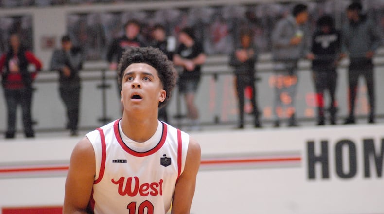 Lakota West's Isaiah Meade-Moss (10) eyes the free throw line against Colerain on Friday night. Chris Vogt/CONTRIBUTED