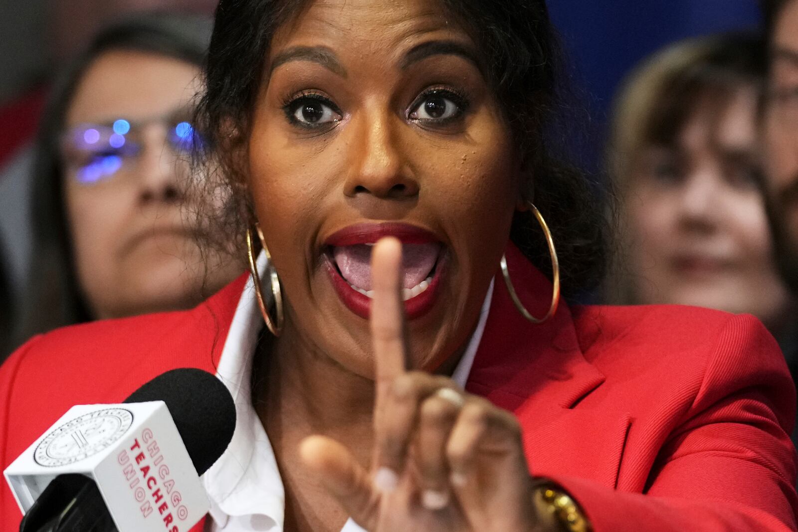 The Chicago Teachers Union (CTU) President Stacy Davis Gates answers a question from media during news conference at CTU headquarters in Chicago, Monday, April 14, 2025. (AP Photo/Nam Y. Huh)