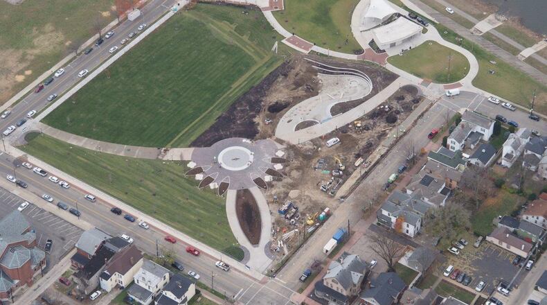 An aerial photo shows work on Hamilton’s new Marcum Park. A ribbon cutting is set for May 6. The white building in the upper right corner is the RiversEdge Amphitheater. CONTRIBUTED/CITY OF HAMILTON