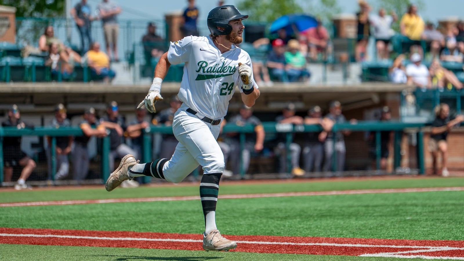 Wright State University's Luke Arnold, a senior shortstop from Lebanon, runs to first base during a recent game. WRIGHT STATE ATHLETICS / CONTRIBUTED PHOTO