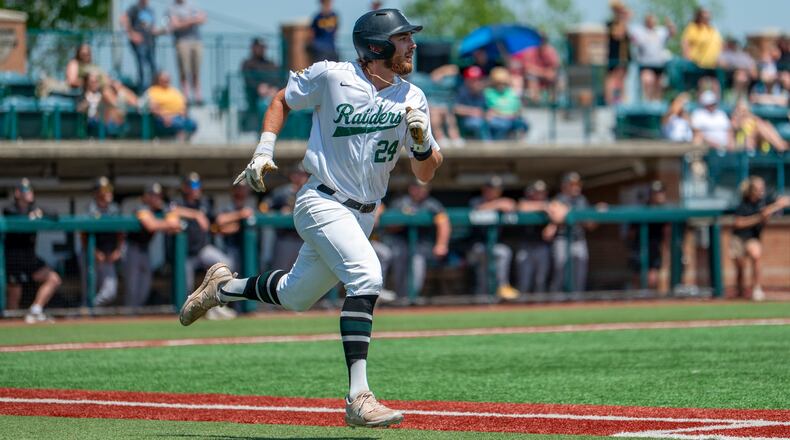 Wright State University's Luke Arnold, a senior shortstop from Lebanon, runs to first base during a recent game. WRIGHT STATE ATHLETICS / CONTRIBUTED PHOTO