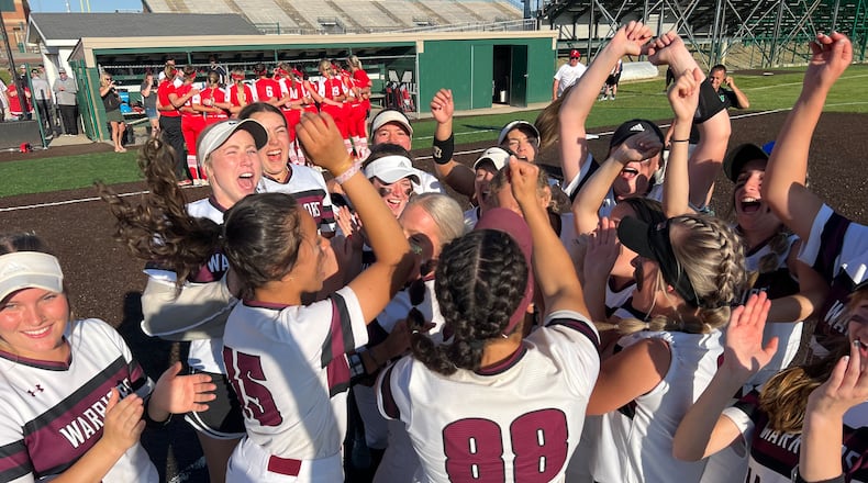 Lebanon celebrates its 7-0 win over Fairfield in a Division I regional final at Mason on May 26, 2023. Chris Vogt/CONTRIBUTED