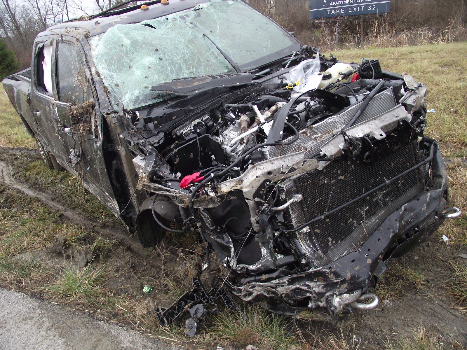 The driver of this pickup truck suffered minor injuries Sunday morning after he drove off the side of I-75 and down an embankment near Exit 32, according to the State Highway Patrol. SUBMITTED PHOTO