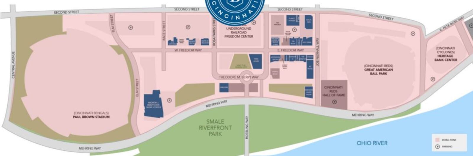 A map of The Banks in downtown Cincinnati.