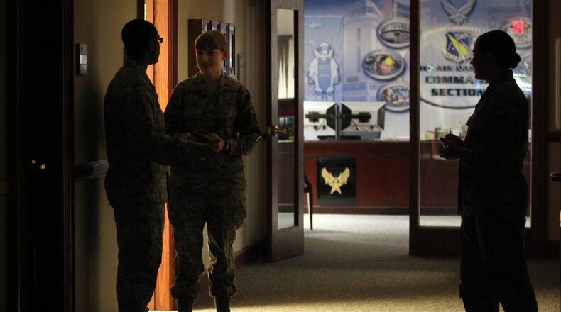 Due to sequestration, Wright-Patterson Air Force Base Building 10, the 88th Air Base Wing Headquarters, turned off hallway lighting in 2013 to save money on electricity and air conditioning. JIM WITMER / STAFF FILE PHOTO
