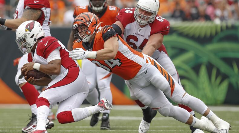 CINCINNATI, OH - OCTOBER 06: Sam Hubbard #94 of the Cincinnati Bengals makes the sack on Kyler Murray #1 of the Arizona Cardinals during the first half at Paul Brown Stadium on October 6, 2019 in Cincinnati, Ohio. (Photo by Michael Hickey/Getty Images)