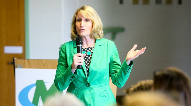 Mason City Schools Superintendent Dr. Gail Kist-Kline speaks during a meeting earlier this year about the district’s expansion and improvement plans. This school year will be the final one for Kist-Kline who has announced she is retiring and will take a new job as president at The Christ College of Nursing & Health Science. GREG LYNCH/STAFF