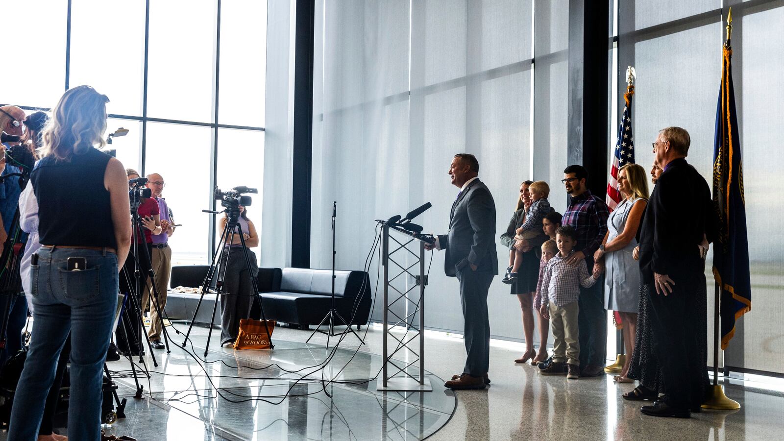 Rep. Don Bacon, R-Neb. announces his retirement during a press conference at Eppley Airfield in Omaha, Neb. on Monday, June 30, 2025. (Chris Machian/Omaha World-Herald via AP)
