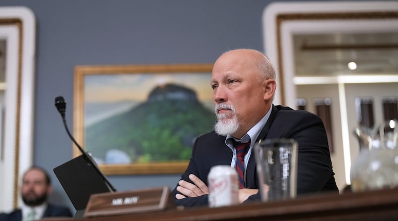 FILE - Rep. Chip Roy, R-Texas, a member of the conservative House Freedom Caucus, listens at the Capitol in Washington, April 9, 2025. (AP Photo/J. Scott Applewhite, File)