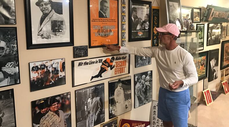 Jack Giambrone, who lives in Beavercreek, is a Sinclair professor and the former Tartan Pride athletics director and before that a college and pro football coach. He worked at Eastern Kentucky, Wittenberg, Wilmington and with the World League. Some 26 years ago he began his Lombardi collection and today – with over 1,000 items and photographs – it is one of the biggest collections in the world and also one of the most significant. Several items are on loan to the Pro Football Hall of Fame and the Green Bay Packers Hall of Fame. Giambrone has shown his collection to groups throughout the Miami Valley and he goes around the Midwest speaking about the coach as a Lombardi Legend ambassador. Tom Archdeacon/STAFF