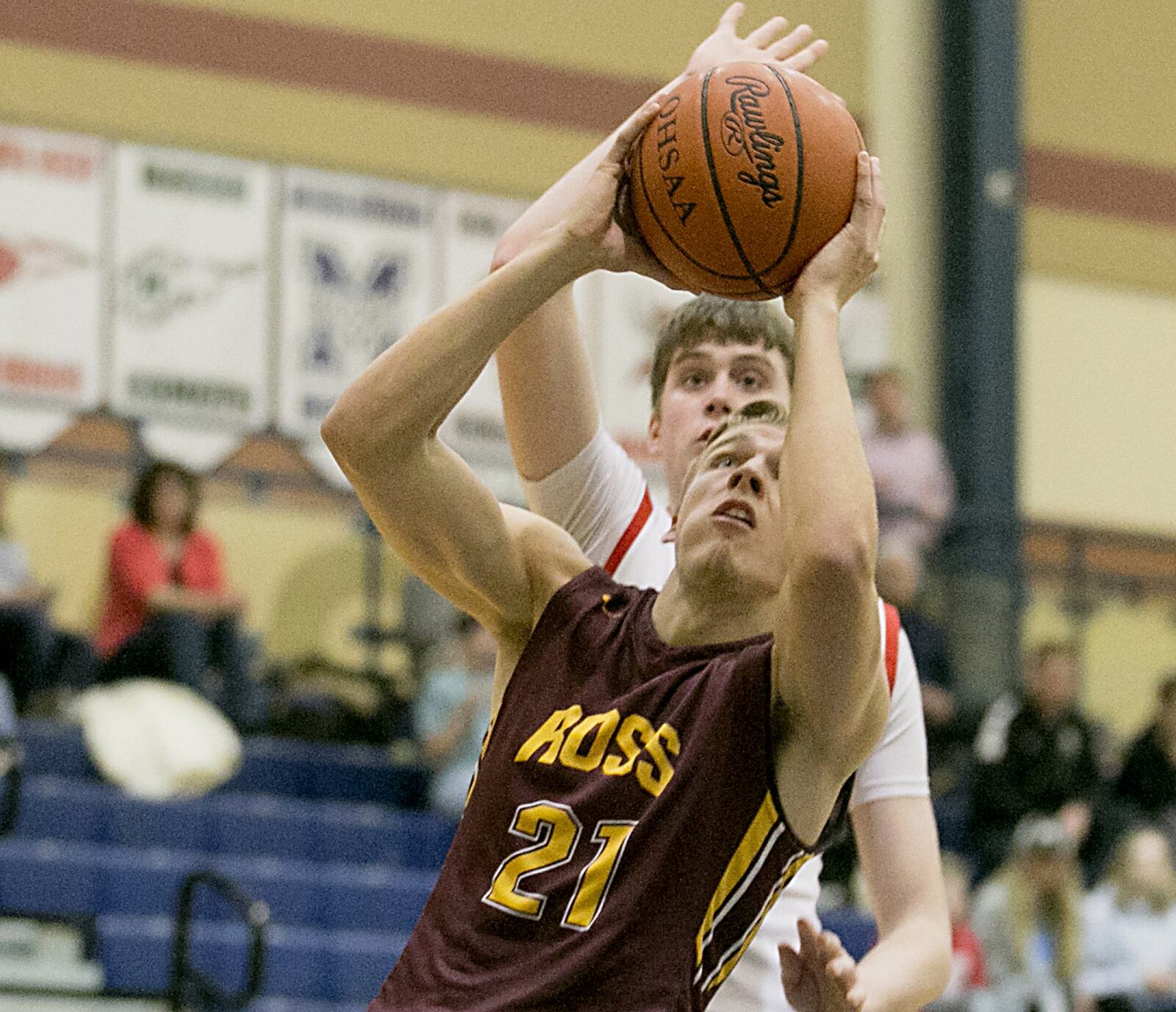 Madison guard Grant Whisman goes after a shot by Ross guard Landen Angel on Saturday night during the All-Butler County All-Star boys basketball game at the Hamilton Athletic Center. CONTRIBUTED PHOTO BY E.L. HUBBARD