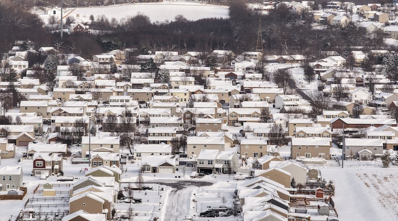 A drone view of snow-covered Trenton on Monday, Jan. 26, 2026. NICK GRAHAM / STAFF