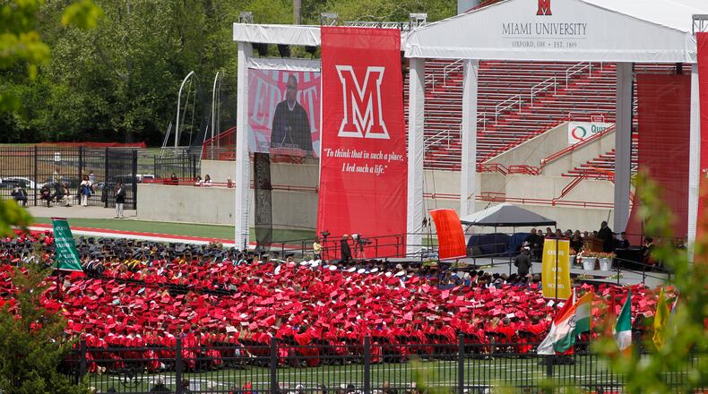 Miami University officials announced this week it will hold modified, in-person graduation ceremonies during three days in May to adhere to coronavirus precautions. The ceremonies will be held outdoors in Miami's Yager Stadium (pictured) but with masks, social distancing and limited guest numbers. (FILE PHOTO/ Journal-News)