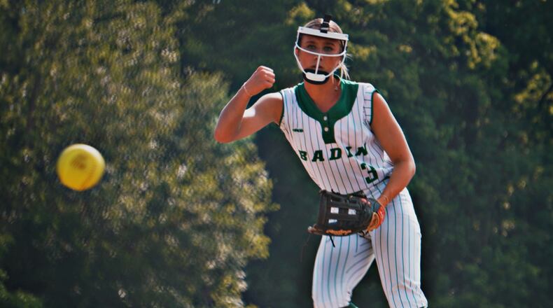 Badin freshman pitcher Kendall Ponatoski sends a pitch to the plate against Goshen during a Division III second round tournament game on Thursday at Mueller Stadium. CHRIS VOGT / CONTRIBUTED