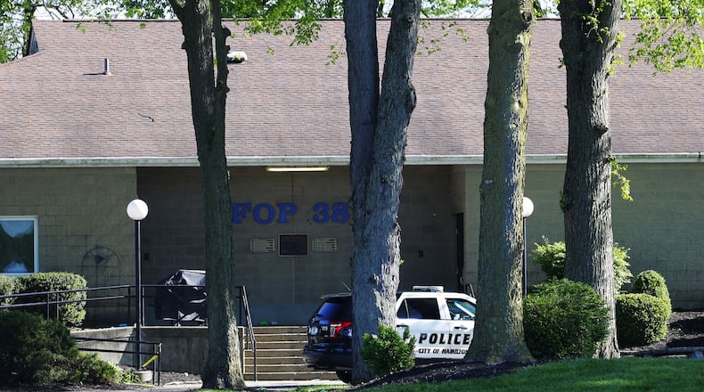 Police were still on the scene Sunday, May 8, 2022, at FOP Lodge 38 in Hamilton after a fatal shooting there on Saturday night. One person died and three were wounded as a result of the shooting. NICK GRAHAM/STAFF