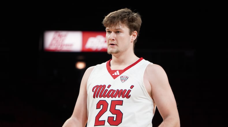 Miami graduate transfer Dan Luers scored a game-high 20 points against Defiance College on Monday night at Millett Hall. Chris Vogt/CONTRIBUTED