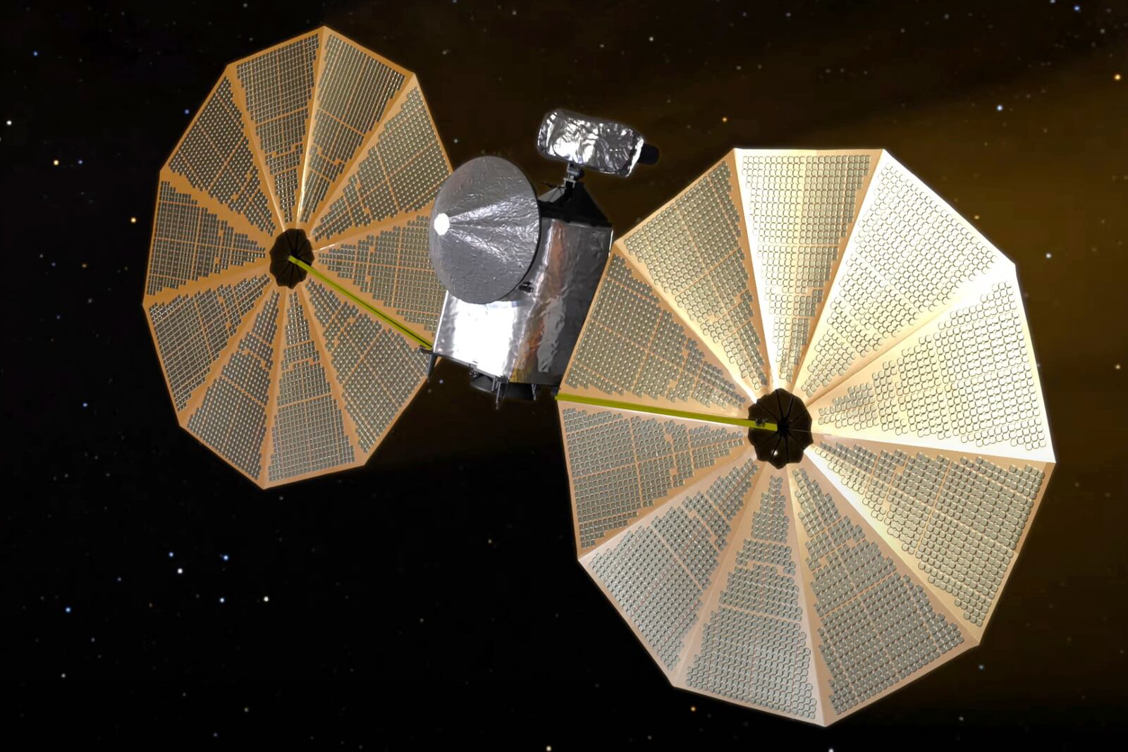 This image from video animation provided by NASA in October 2022 depicts the Lucy spacecraft. (NASA via AP)