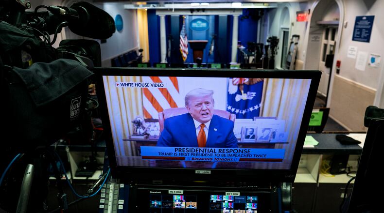 Video of President Donald Trump is displayed on a monitor in the briefing room of the White House after the House of Representatives voted 232 to 197 to impeach him for inciting a violent insurrection against the U.S. government on Wednesday, Jan. 13, 2021. Ten Republicans joined Democrats in voting to impeach. (Doug Mills/The New York Times)