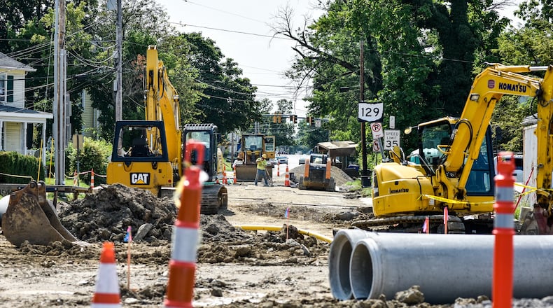 A recent photo of construction on the Millville Avenue part of the intersection of Main Street with Millville and Eaton Avenue. The Eaton Avenue part of the intersetion is now open, and the Millville leg should be finished in September. NICK GRAHAM/STAFF
