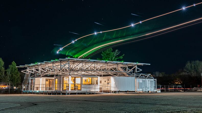 An example of a "Full Featured Recharge Pad" built by BETA Technologies. This site includes an elevated landing deck, hotel units for crew rest, and a control center for mission briefing. BETA image