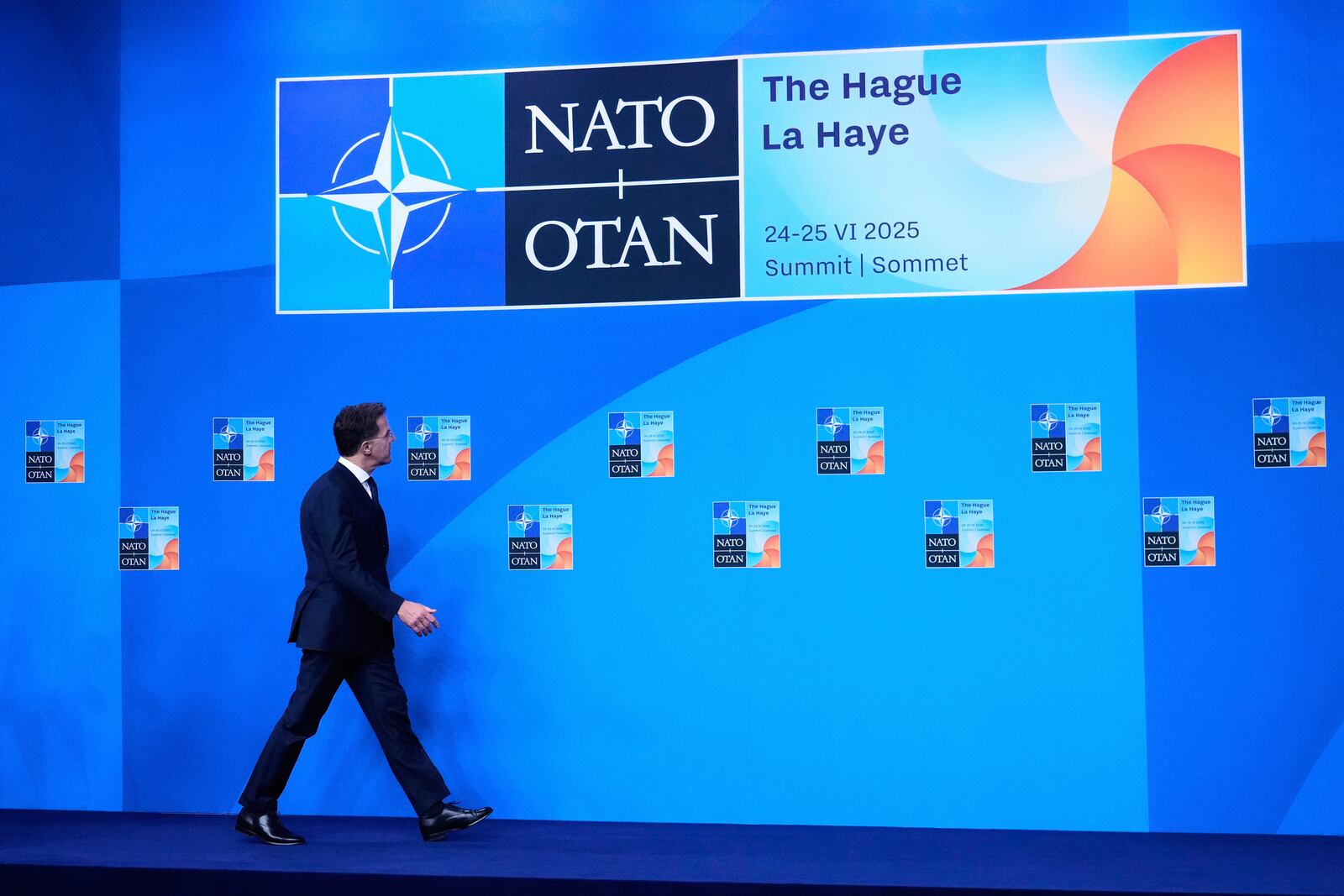 NATO Secretary General Mark Rutte tours the venue site ahead of the upcoming NATO summit in The Hague, Netherlands, Monday, June 23, 2025. (AP Photo/Matthias Schrader)