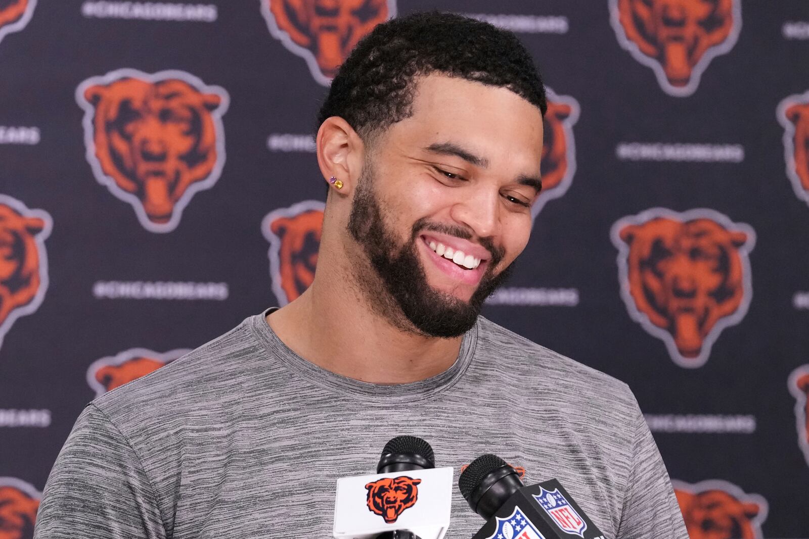 Chicago Bears quarterback Caleb Williams talks to media at a news conference after NFL football practice in Lake Forest, Ill., Wednesday, May 28, 2025. (AP Photo/Nam Y. Huh)