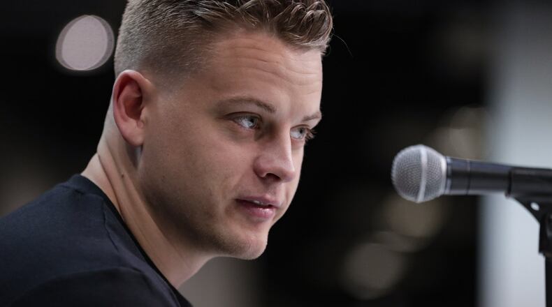 LSU quarterback Joe Burrow speaks during a press conference at the NFL football scouting combine in Indianapolis, Tuesday, Feb. 25, 2020. (AP Photo/Michael Conroy)
