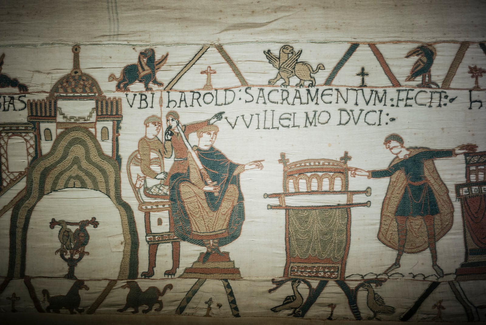 FILE - This photo taken Wednesday, Sept. 18, 2019, shows a detail of the 11th century Bayeux tapestry chronicling the Norman conquest of England, in Bayeux, Normandy, France. (AP Photo/Kamil Zihnioglu, File)