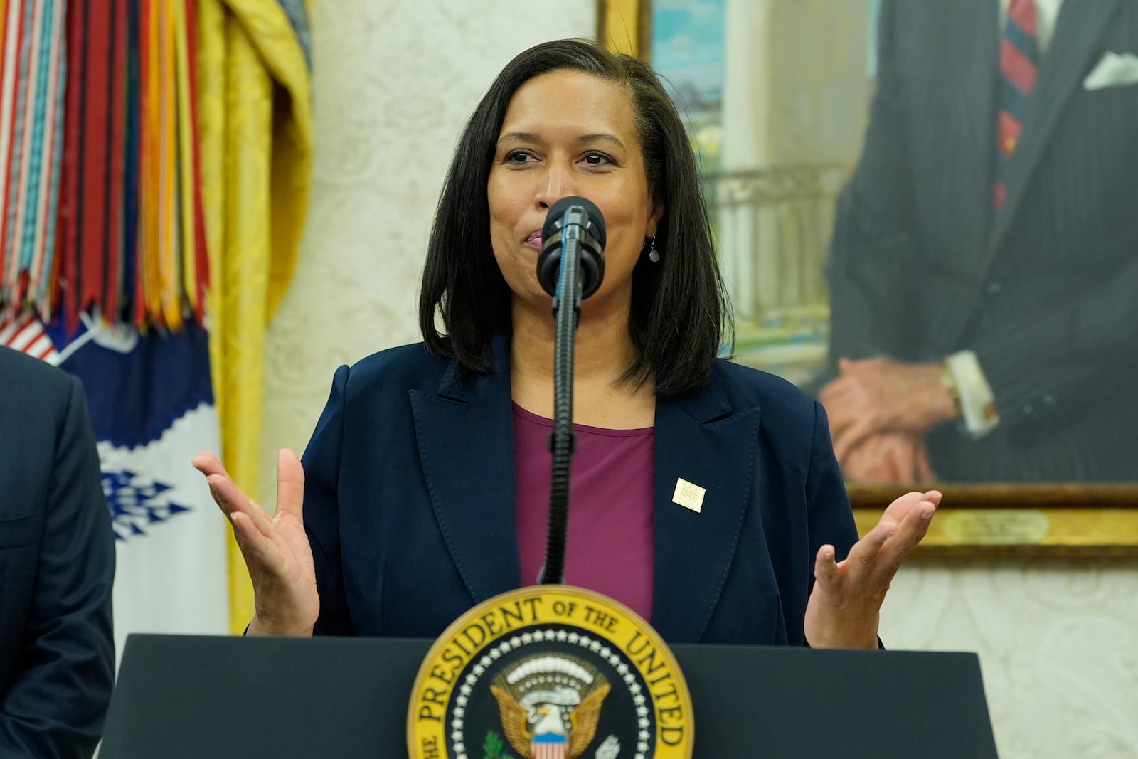 District of Columbia Mayor Muriel Bowser speaks during an event where President Donald Trump announces that the 2027 NFL Draft will be held on the National Mall, in the Oval Office of the White House, Monday, May 5, 2025, in Washington. (AP Photo/Alex Brandon)