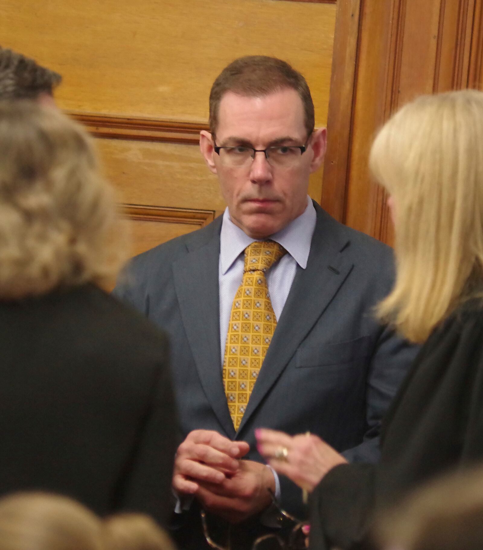 Prosecutor Hank Brennan stands in conference before Karen Read's trial at Norfolk Superior Court in Dedham, Mass., Friday, May 2, 2025. (Mark Jarret Chavous/The Enterprise via AP, Pool)