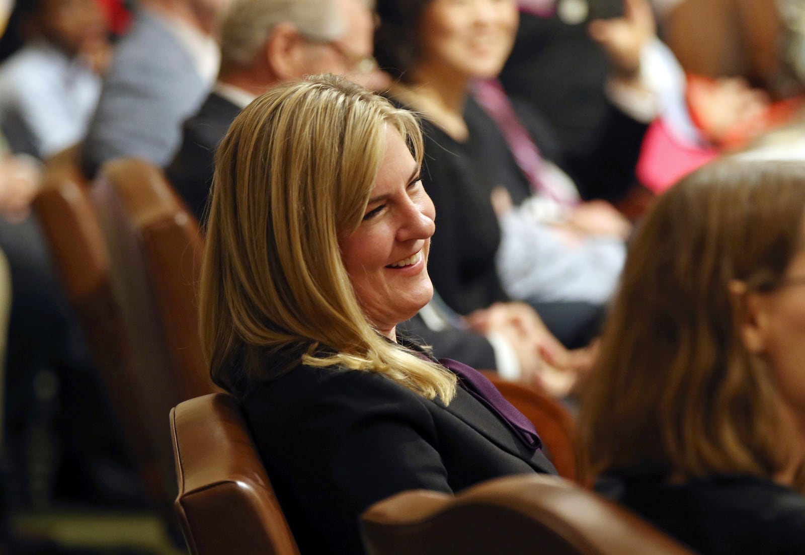 FILE - State Rep. Melissa Hortman, D-Brooklyn Park, smiles during the nomination process before she was elected speaker of the Minnesota House as the 2019 Legislature convened, in St. Paul, Minn., Jan. 8, 2019. (AP Photo/Jim Mone, File)