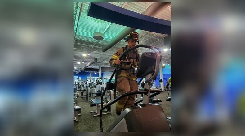 Shawn McIntosh, a Middletown firefighter, climbed what was equivalent to 110 floors Friday morning at the Atrium YMCA. He did the exercise in honor of the firefighters who died 20 years ago in the World Trade Center. SUBMITTED PHOTO