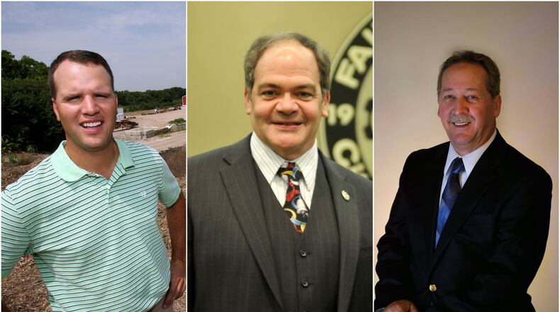 Chad Oberson, Terry Senger and Bill Woeste (from left) are waiting to know if they won or loss one of three at-large Fairfield city council seats. Former mayor Ron D’Epifanio’s position as top vote-getter won’t change.