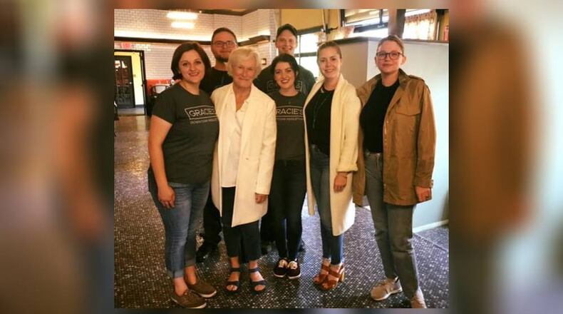 Some of the cast and crew from the upcoming movie, ‘Hillybilly Elegy,’ held a meeting and ate lunch Saturday at Gracie’s, a downtown Middletown restaurant. Front row, from left: Gracie’s server Anna Fink, actress Glenn Close, server Alaynee Fink, actress Amy Adams and actress Haley Bennett; back row: Cooks Hayden Cox and Jordan Hyde. SUBMITTED PHOTO