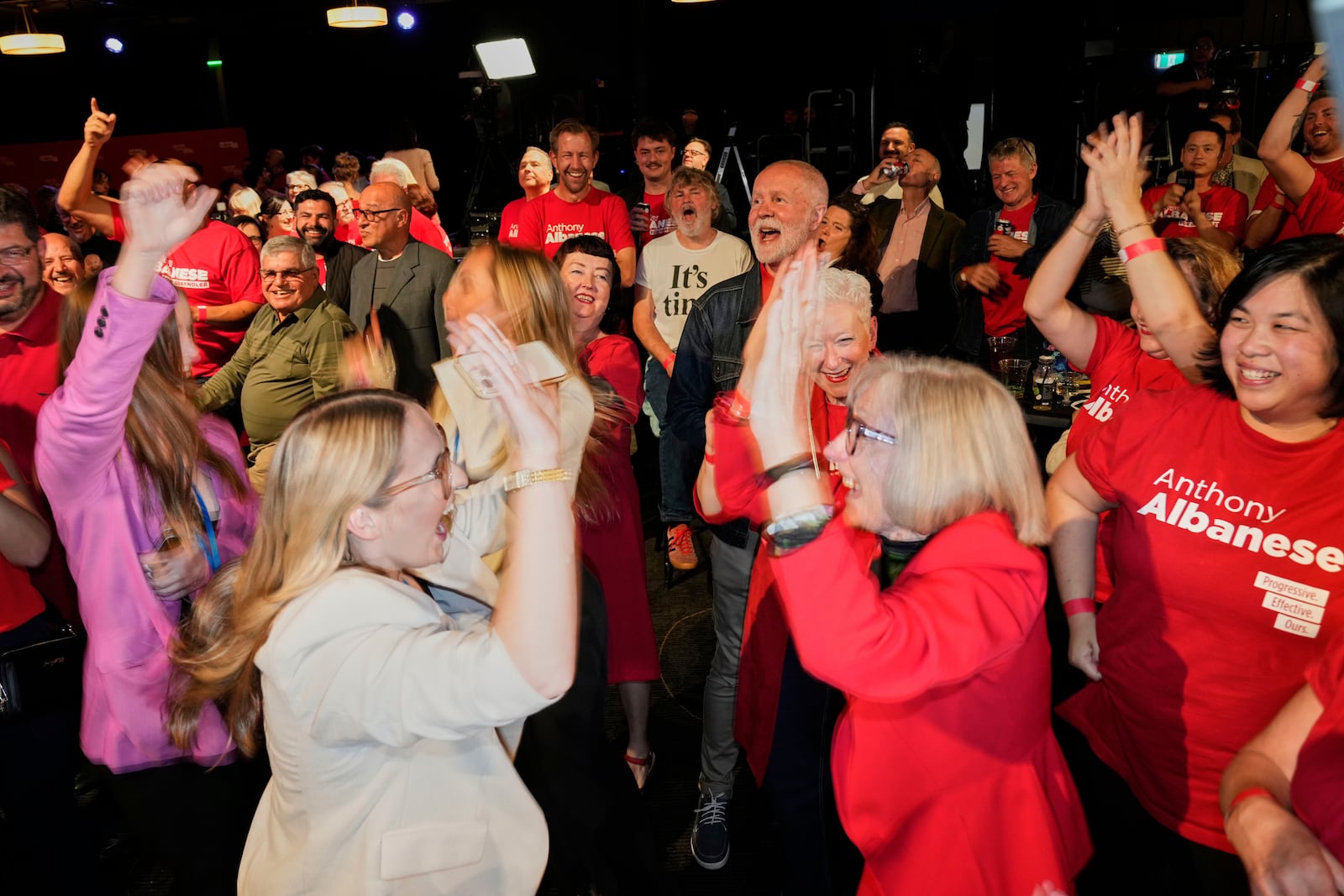 Labor Party supporters react as results are shown on a screen at their party headquarters in Sydney, Saturday, May 3, 2025. (AP Photo/Rick Rycroft)