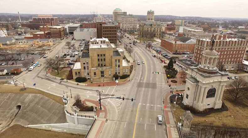 Aerial view of downtown Hamilton looking east from the High Street Bridge. TY GREENLEES / STAFF