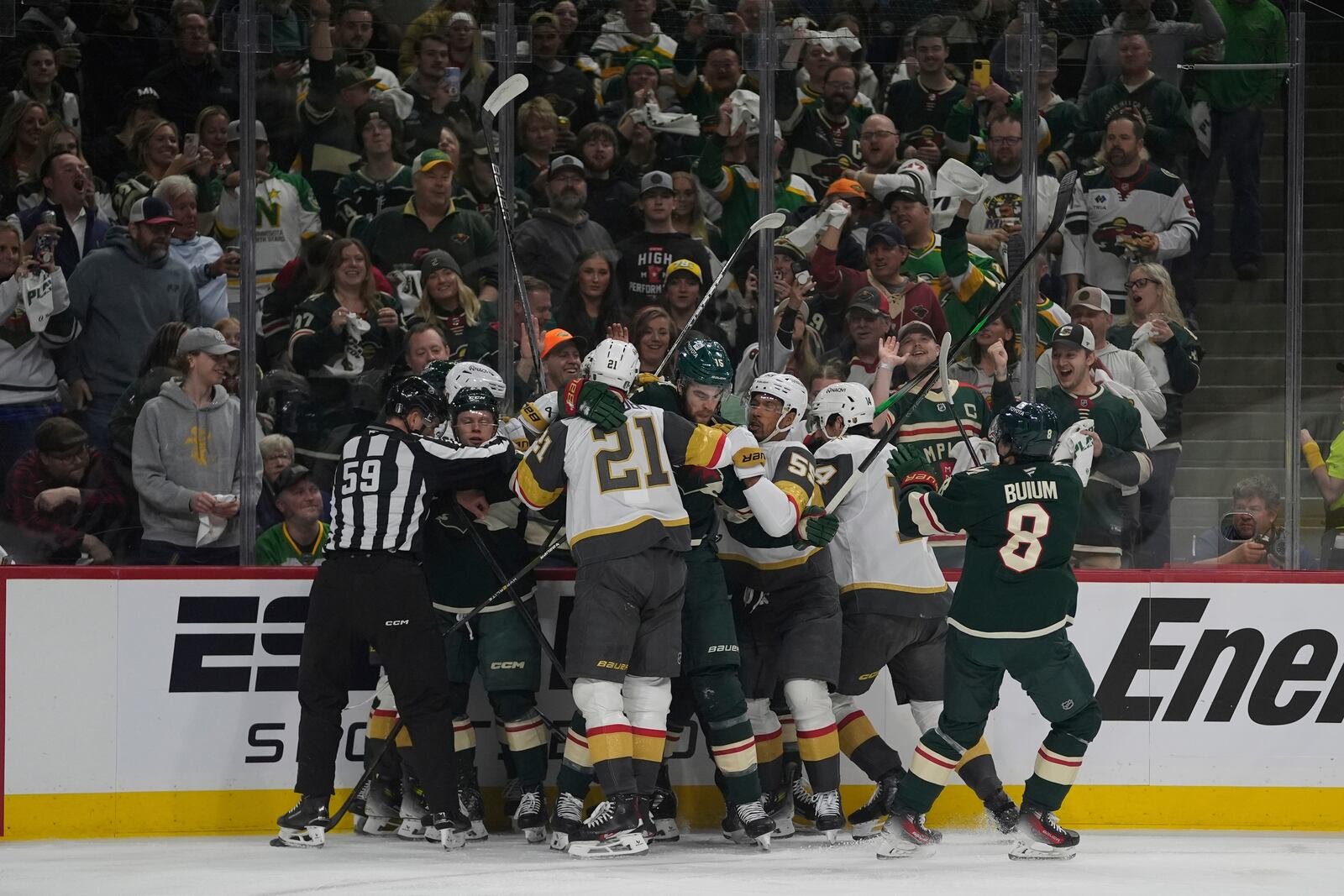 Minnesota Wild and Vegas Golden Knights players get into an altercation during the first period of Game 3 of a first-round NHL hockey playoff series Thursday, April 24, 2025, in St. Paul, Minn. (AP Photo/Abbie Parr)