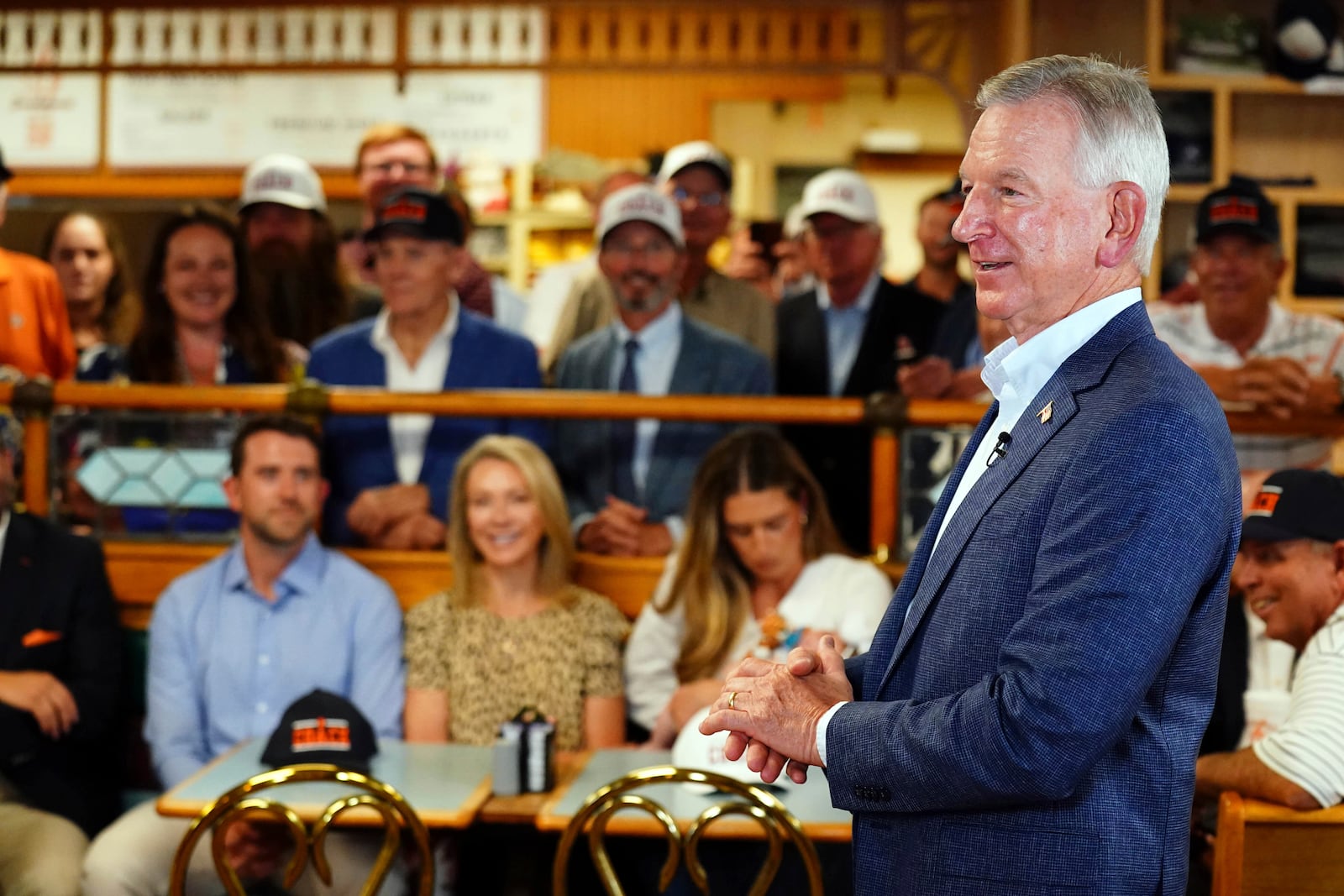U.S. Sen. Tommy Tuberville, R-Ala., speaks to supporters about plans to run for the governor of Alabama in 2026, Tuesday May 27, 2025 at Byron's Smokehouse in Auburn, Ala. (AP Photo/ John David Mercer)
