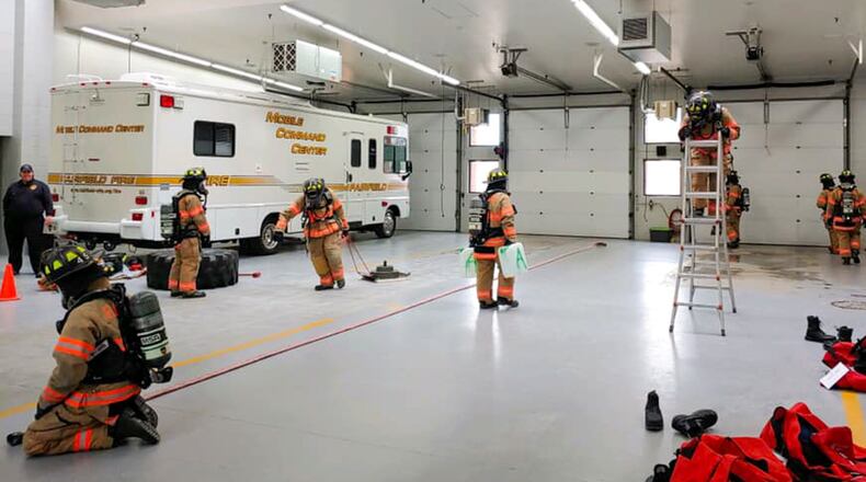 Eight new Fairfield part-time firefighters recently started their 8-day recruit class under the direction of Deputy Chief McCreadie that provides them very basic training over tools & equipment, as well as policies and procedures. After the recruit class, they will enter a 90-day intensive training period on their assigned shift. In the photos, the recruits are completing an air consumption drill using a new MSA self-contained breathing apparatus or SCBA. CONTRIBUTED