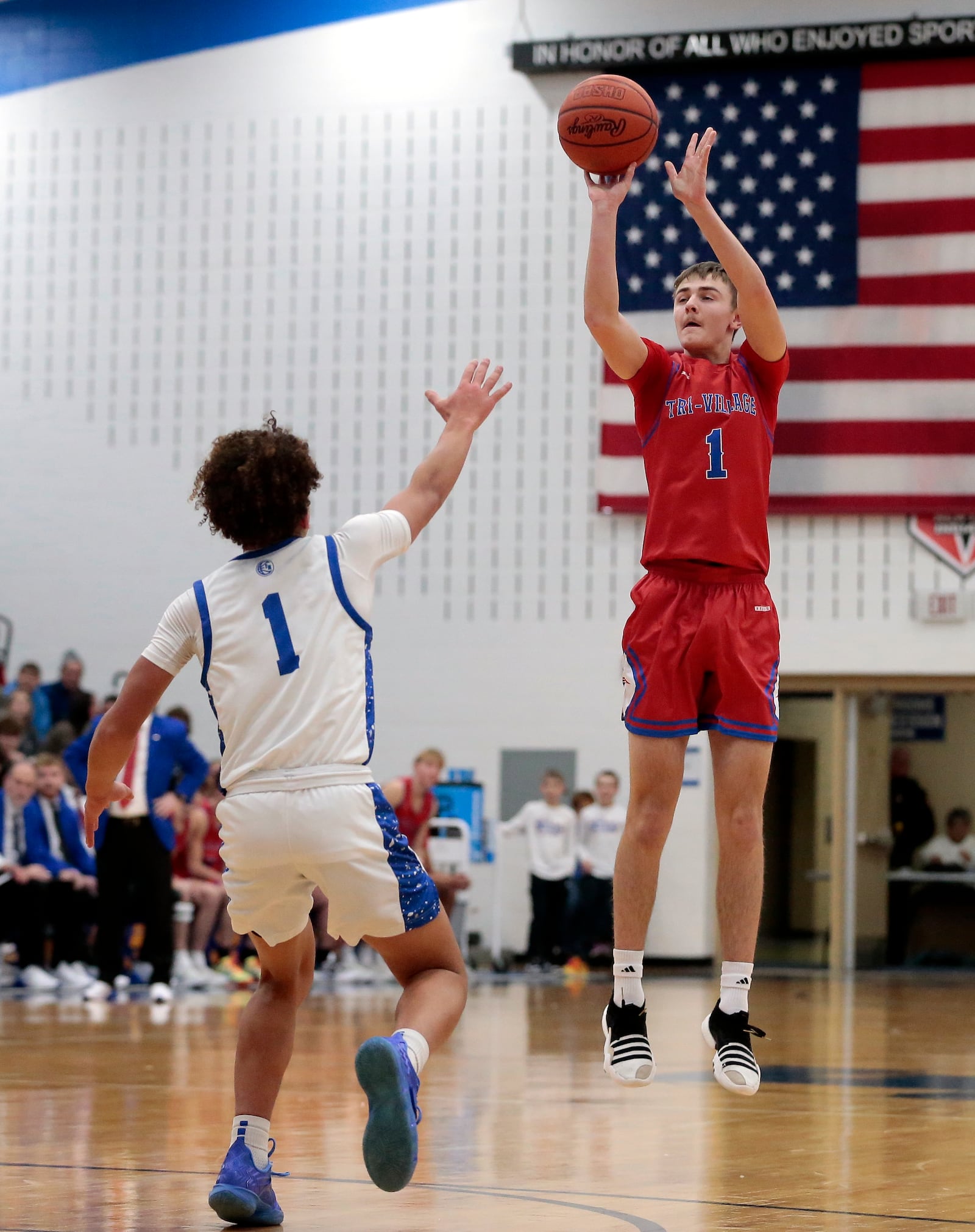 Tri-Village senior Trey Sagester puts up a shot from three. Tri-Village defeated Franklin Monroe 58-15 in a Western Ohio Athletic Conference game on Friday, Jan. 23, 2026, in Pitsburg. STEVEN WRIGHT / STAFF