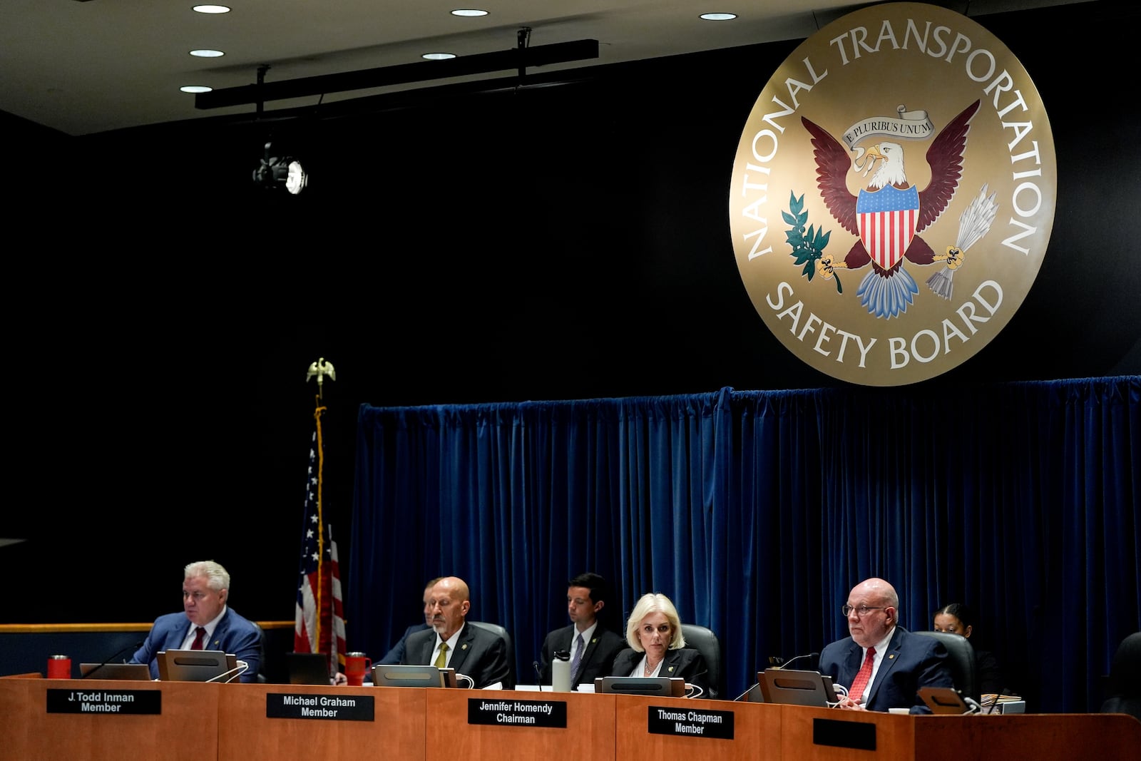 National Transportation Safety Board members J. Todd Inman, Michael Graham, Jennifer Homendy and Thomas Chapman meet to discuss Alaska Airlines Flight 1282, Tuesday, June 24, 2025. (AP Photo/Julia Demaree Nikhinson)