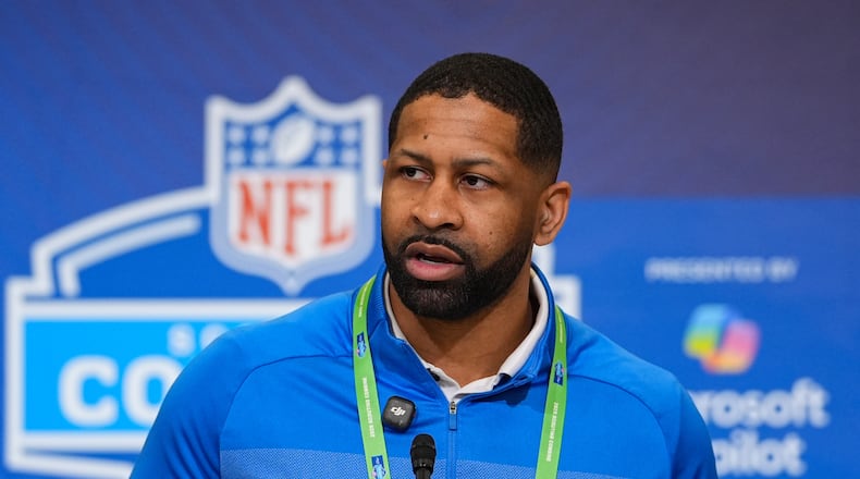 Cleveland Browns general manager Andrew Berry speaks during a press conference at the NFL football scouting combine in Indianapolis, Tuesday, Feb. 24, 2026. (AP Photo/Michael Conroy)
