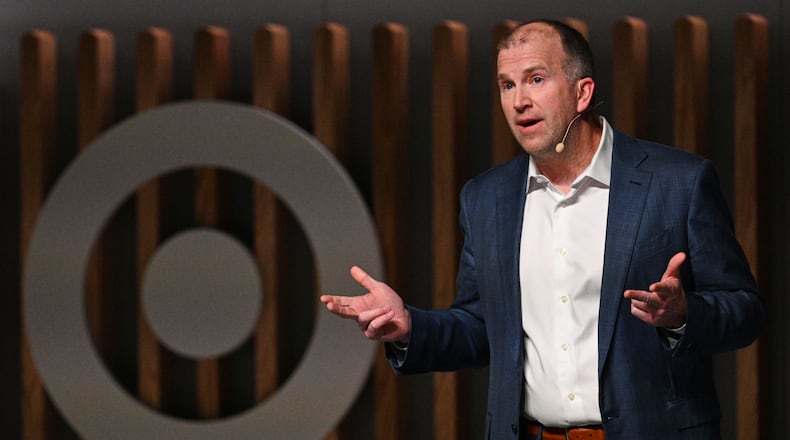 Target CEO Michael Fiddelke speaks at Target's Financial Community Meeting at Target headquarters in Minneapolis, Tuesday, March 3, 2026. (AP Photo/Tom Baker)