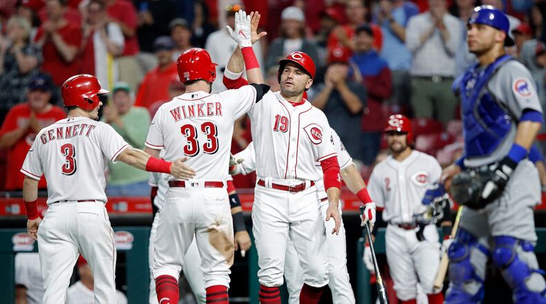 CINCINNATI, OH - JUNE 21: Jesse Winker #33 of the Cincinnati Reds celebrates with Joey Votto #19 and Scooter Gennett #3 after hitting a grand slam home run in the sixth inning to give his team the lead against the Chicago Cubs at Great American Ball Park on June 21, 2018 in Cincinnati, Ohio. (Photo by Joe Robbins/Getty Images)