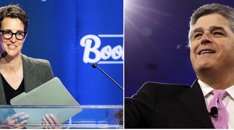 Rachel Maddow speaking on May 30, 2019 at BookExpo in New York City, N.Y. (Michael Brochstein/Sipa USA/TNS) In this March 4, 2016 file photo, Sean Hannity of Fox News appears at the Conservative Political Action Conference (CPAC) in National Harbor, Md. (AP Photo/Carolyn Kaster, File)