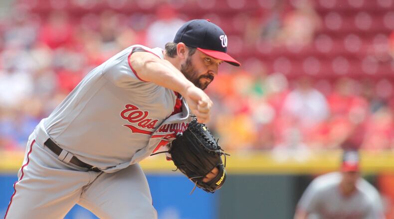 Nationals starter Tanner Roark pitches against the Reds on Sunday, July 16, 2017, at Great American Ball Park in Cincinnati. David Jablonski/Staff