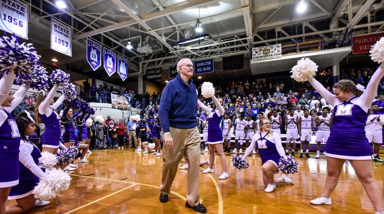 Larry Emrick, who graduated from Middletown High School in 1958, was one of many former Middie basketball players honored before the final game at Wade E. Miller Gymnasium as Middletown Middies hosted Hamilton Big Blue. Emrick died on Dec. 25. He was 81. NICK GRAHAM/STAFF